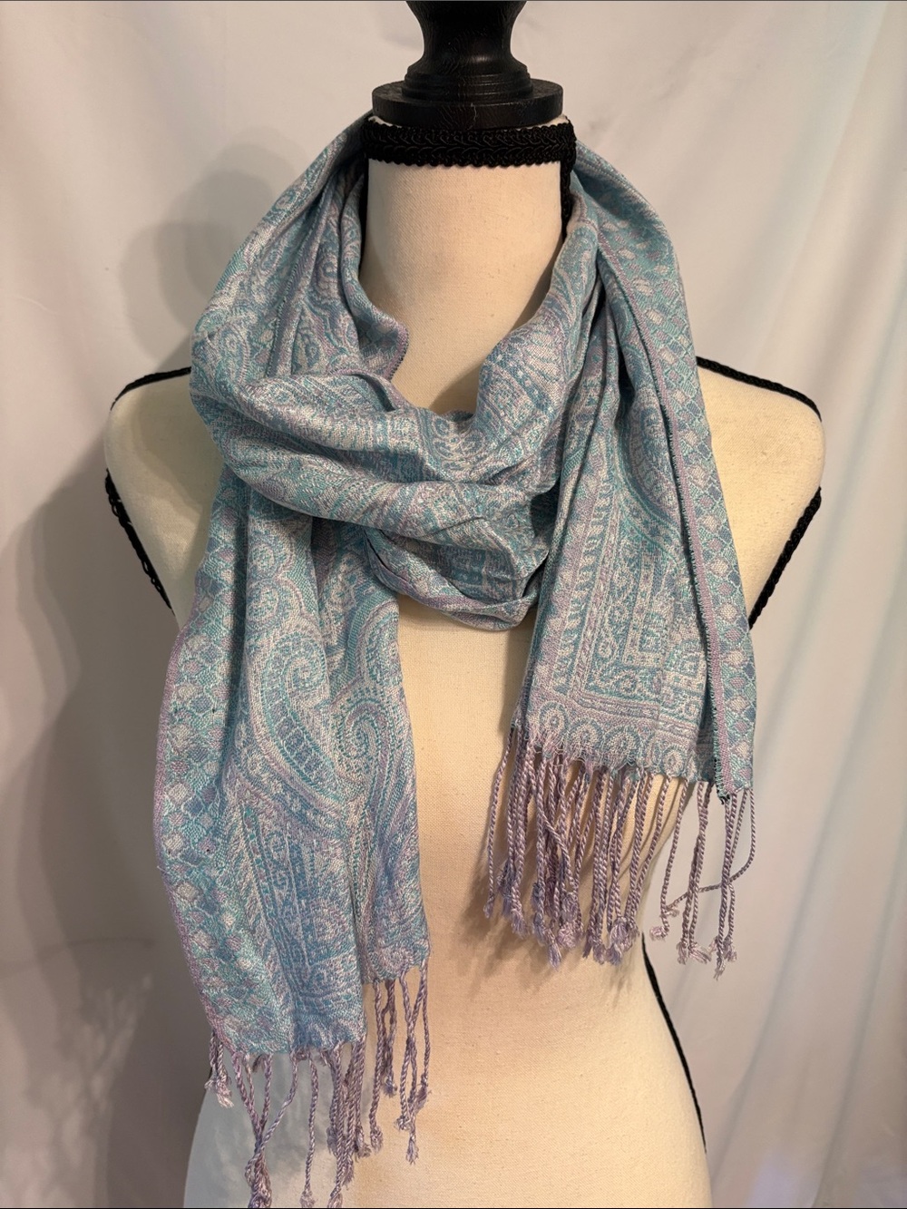 Butterfly Cashmere/Silk/Viscose Pastel Ice Blue & Lavender Paisley Fringe Scarf